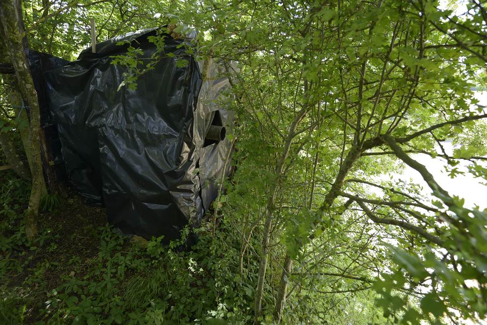 Affût permanent construit sur un site escarpé pour la pdv d'oiseaux.